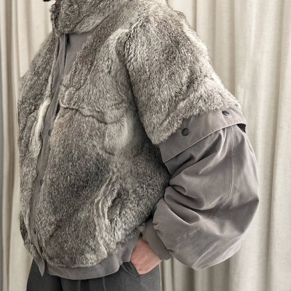 Vintage rabbit fur and suede convertible bomber jacket